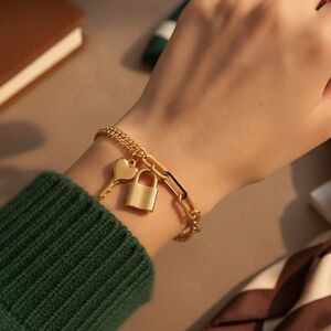 Minimalist Padlock Heart Key Bracelet 18K Gold Plated Stainless Steel